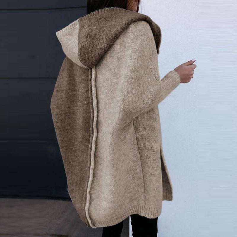 Stylish women's hooded cardigan featuring unique patchwork design. Ideal casual outerwear for fall fashion comfort.
