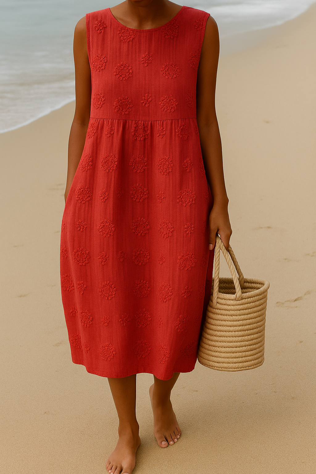 Beautiful women's patterned sleeveless midi dress, a comfortable and versatile choice for summer and casual wear.