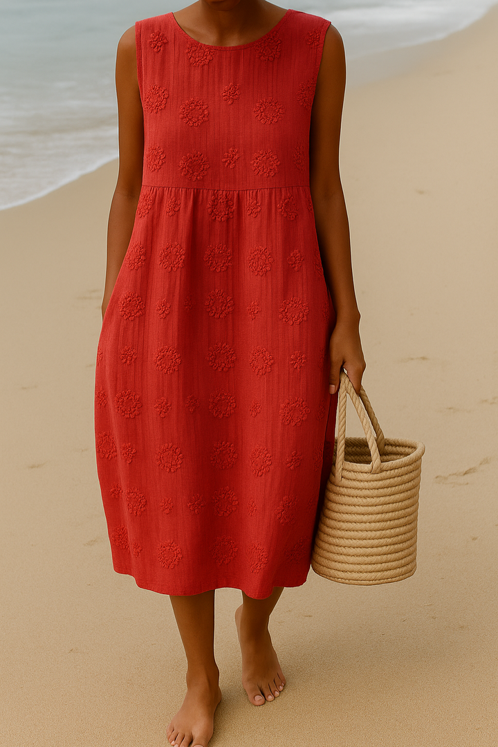 Beautiful women's patterned sleeveless midi dress, a comfortable and versatile choice for summer and casual wear.