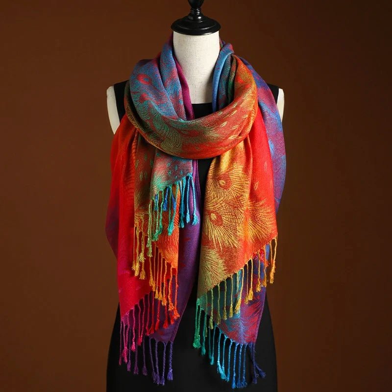 Women's peacock pattern shawl with bohemian fringe. Elegant, soft blend fashion scarf, perfect versatile wrap.