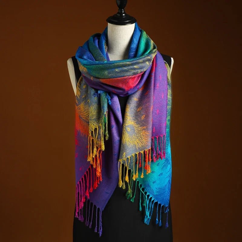 Bohemian peacock pattern fringe shawl for women. Stylish & soft, an elegant accessory & versatile gift for her.