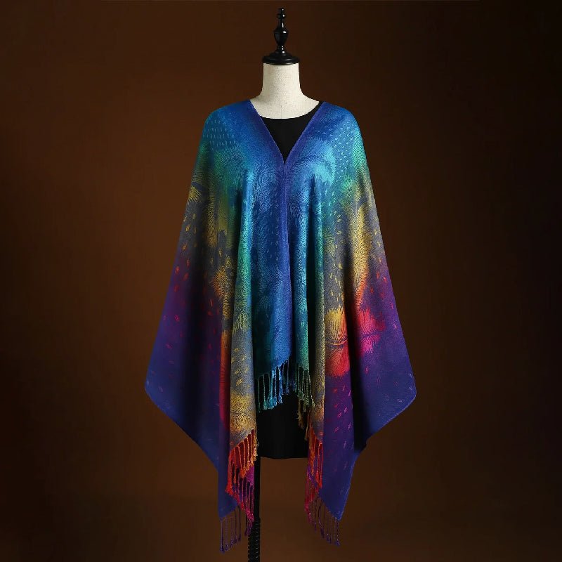 Stylish women's scarf: vibrant peacock pattern shawl with flowing bohemian fringe. Soft, elegant & versatile.