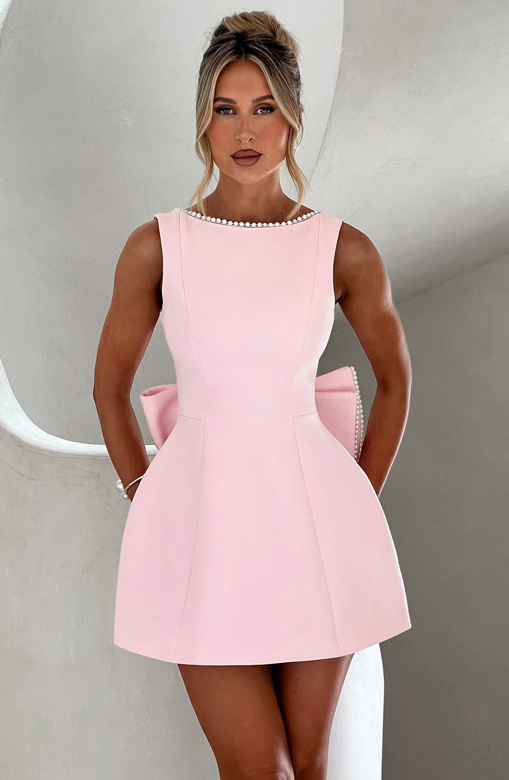 Women's Pearl Trim A-Line Mini Homecoming Dress with fitted bodice, perfect for parties & special occasions.