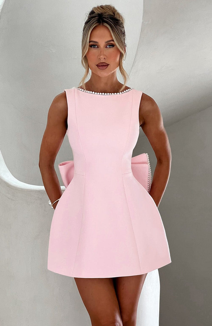 Women's Pearl Trim A-Line Mini Homecoming Dress with fitted bodice, perfect for parties & special occasions.