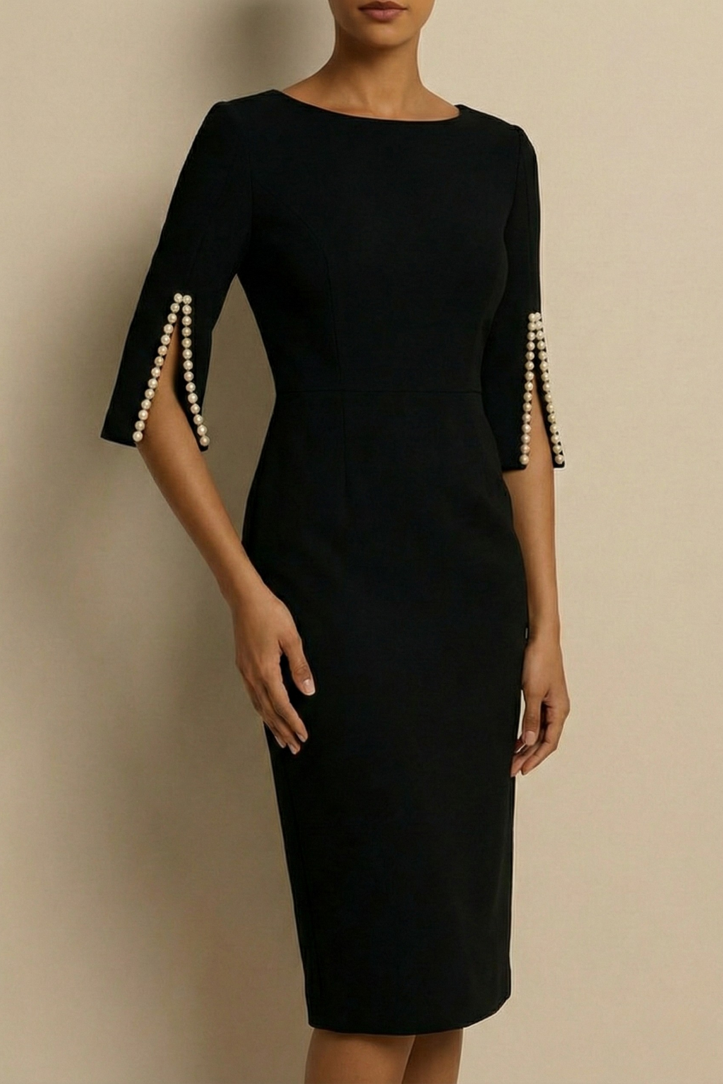 Sophisticated women's bodycon midi dress with pearl trim, ideal for formal special occasions & elegant events.