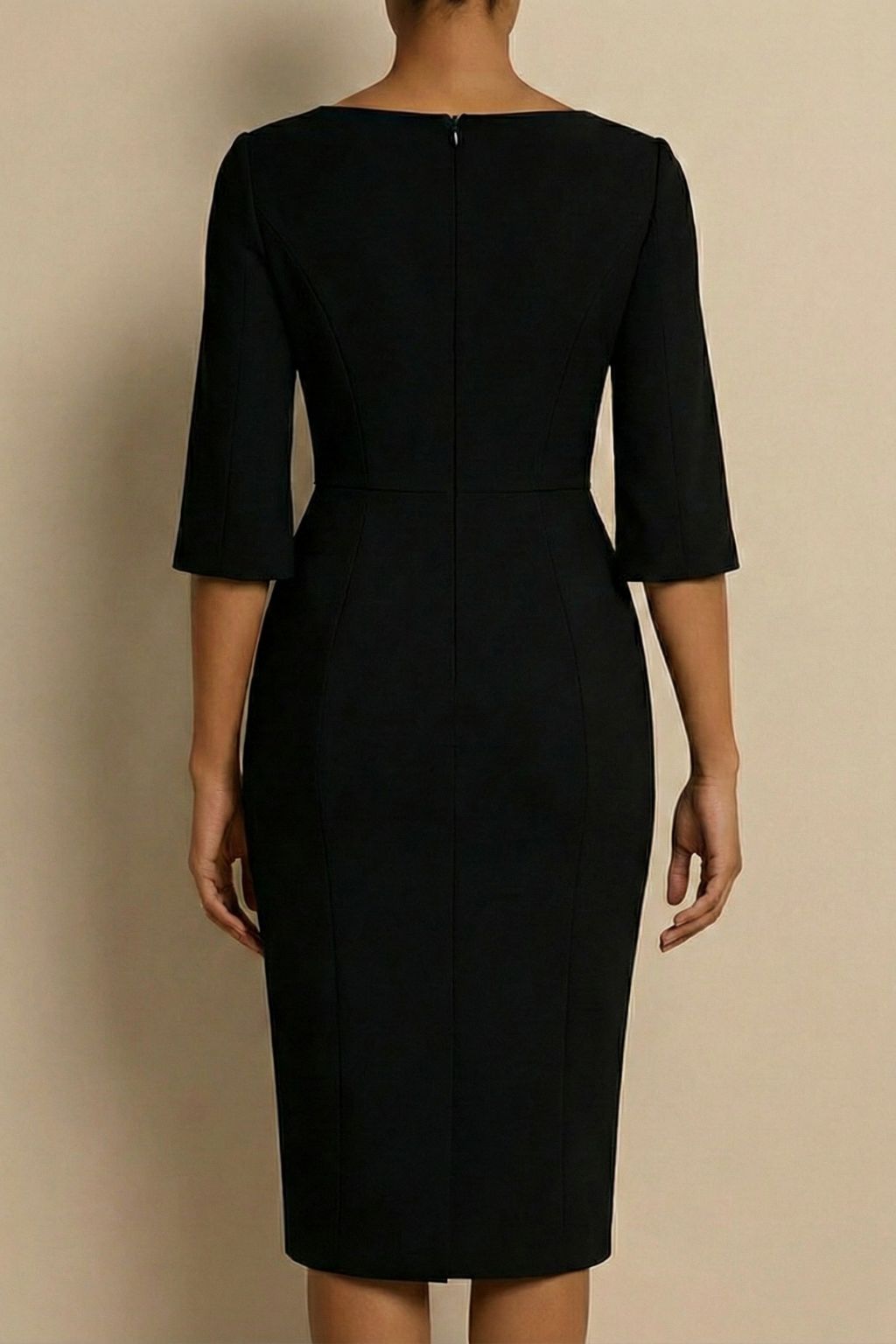 Elegant women's fitted midi dress featuring delicate pearl trim and stylish split sleeves for special occasions.