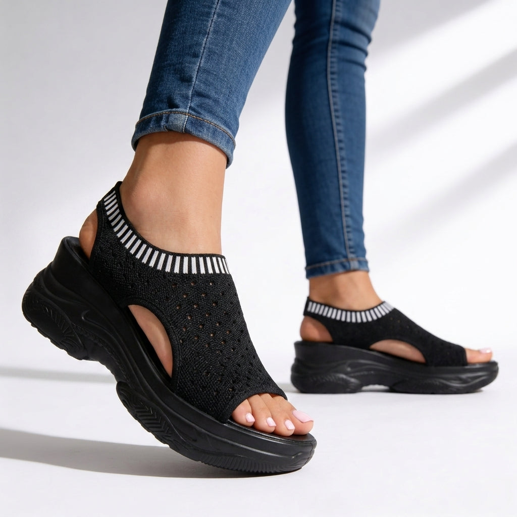 Women's peep toe wedge sandals in neutral, offering comfort platform for easy walking & everyday wear.