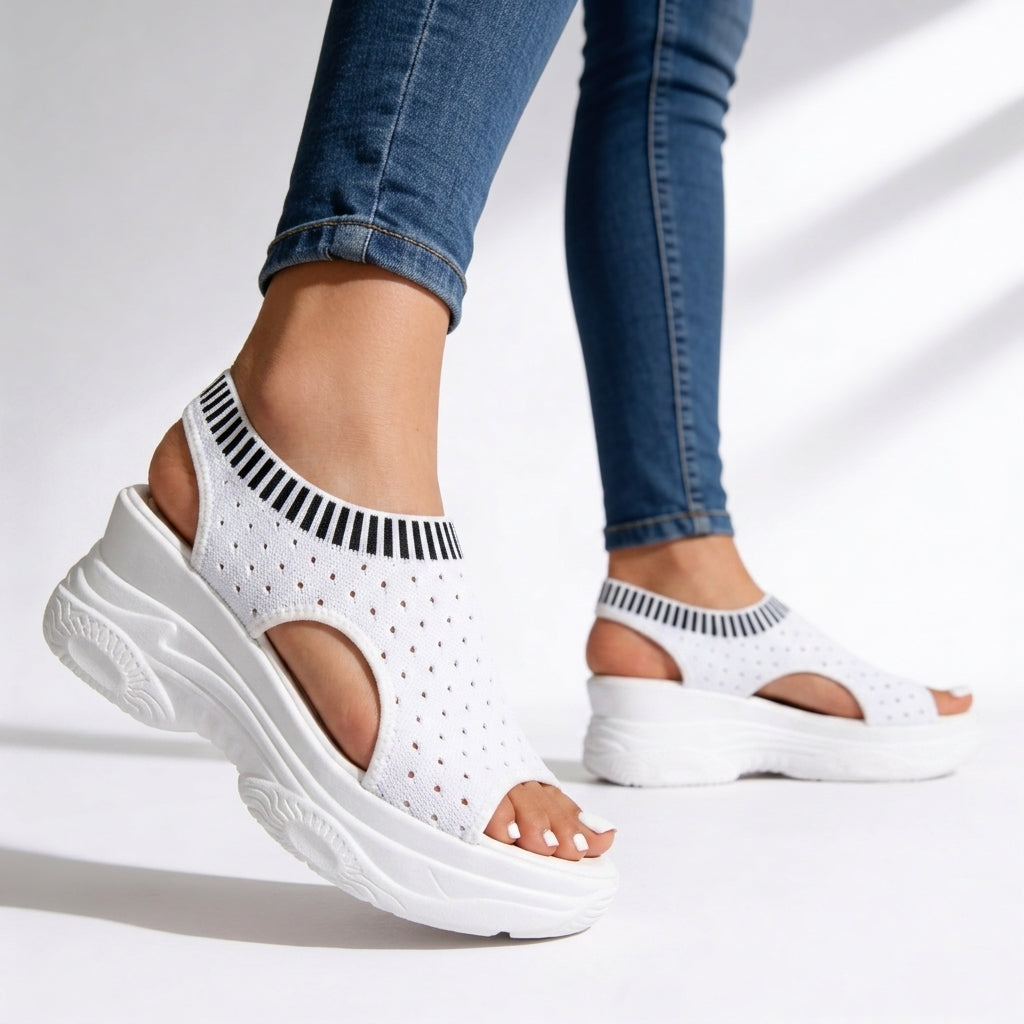 Comfortable women's walking sandals with peep toe, secure ankle strap, & supportive wedge platform.