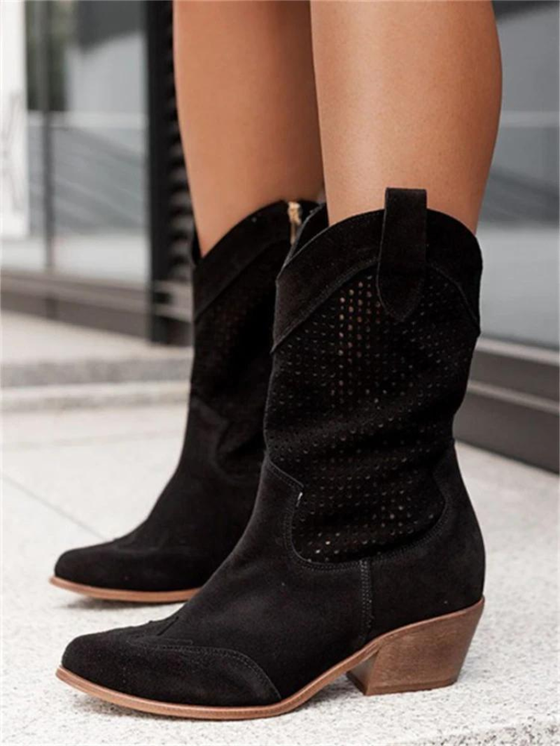 Stylish women's perforated mid-calf western boots, perfect for fall & winter casual outfits.