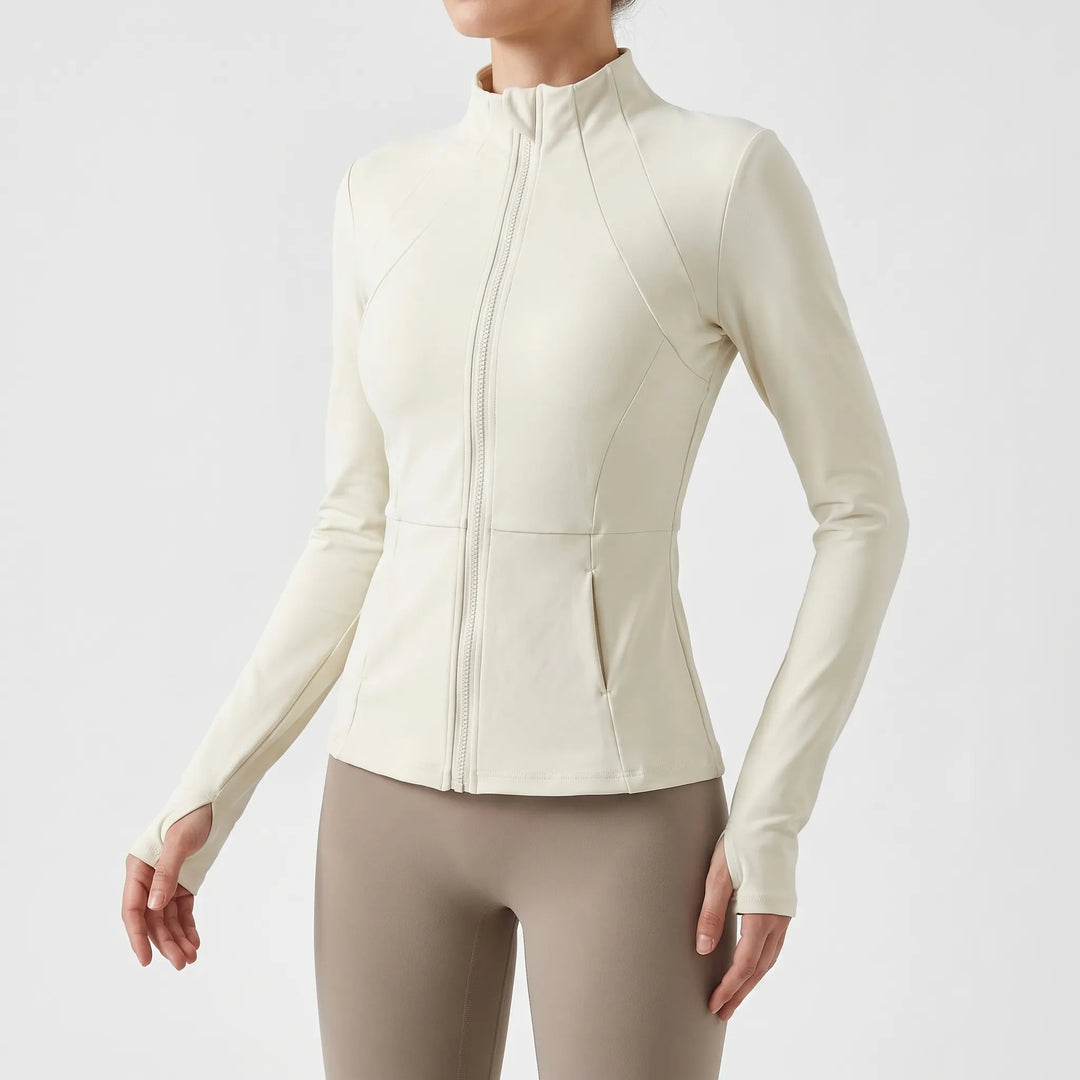 Long-sleeve women's full-zip running jacket with thumbholes, ideal for active fitness & training.