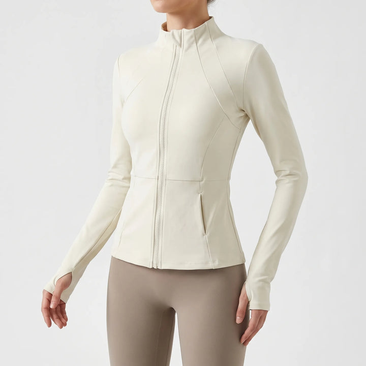 Long-sleeve women's full-zip running jacket with thumbholes, ideal for active fitness & training.