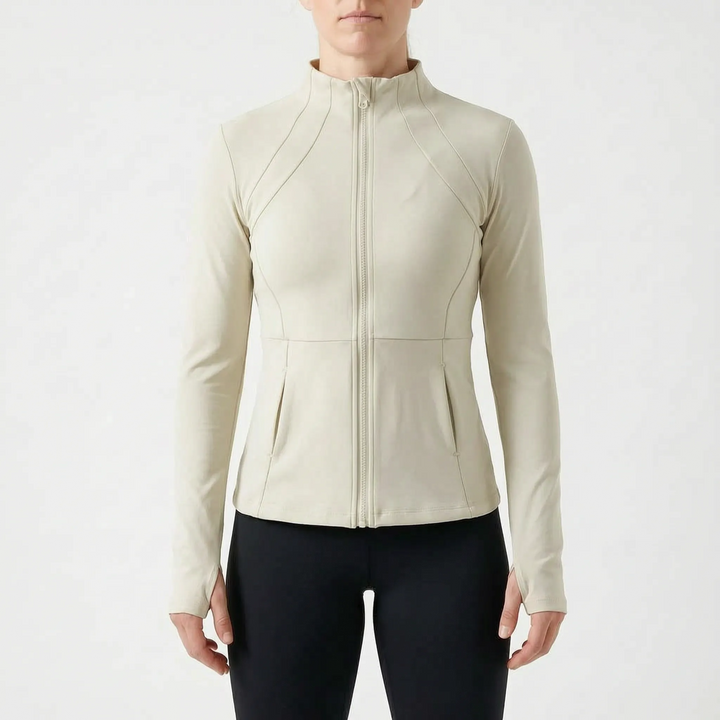 Comfortable women's performance workout jacket, full-zip, with thumbholes for a secure fit.