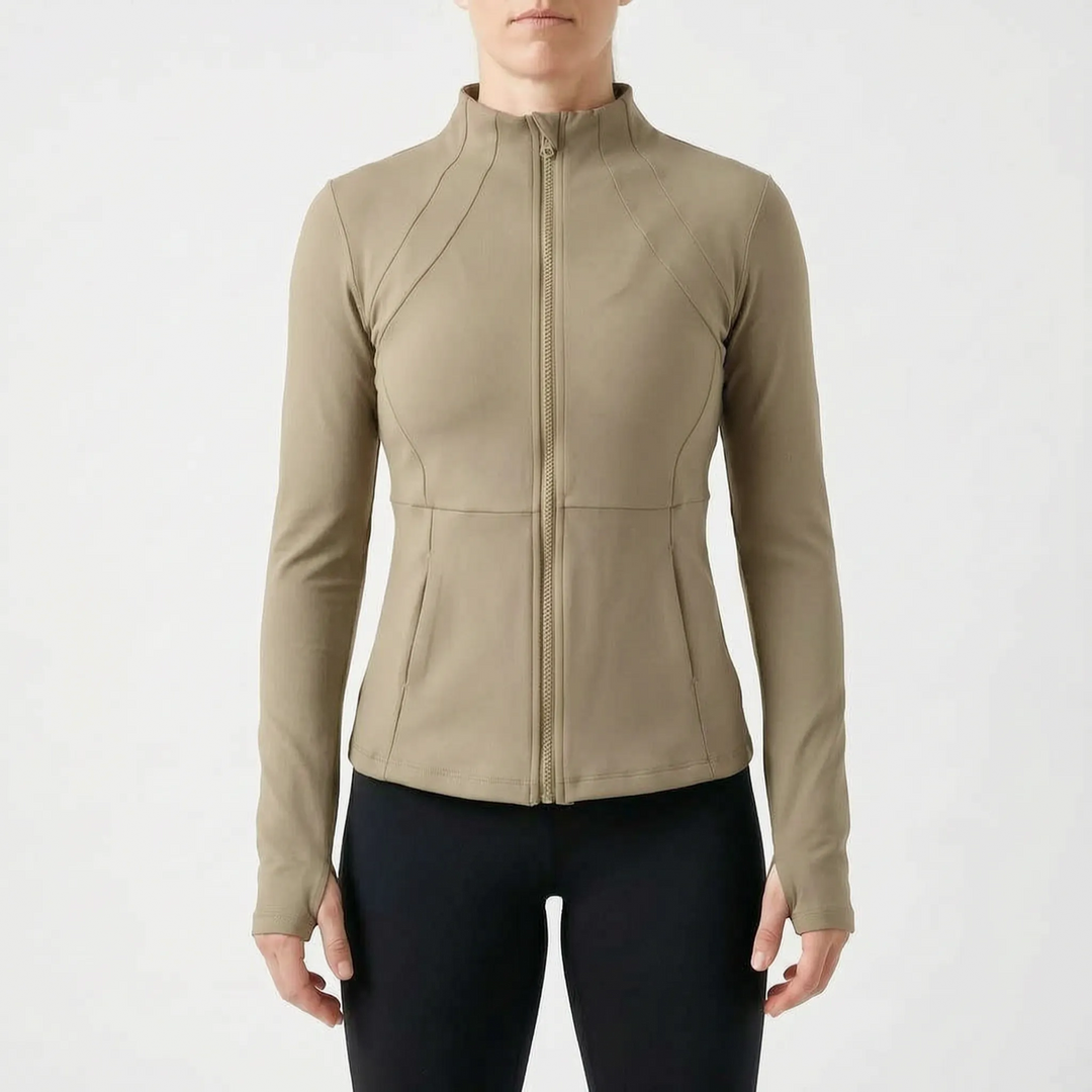 Versatile women's activewear jacket, full-zip, with thumbholes for running, gym, & outdoor fitness.