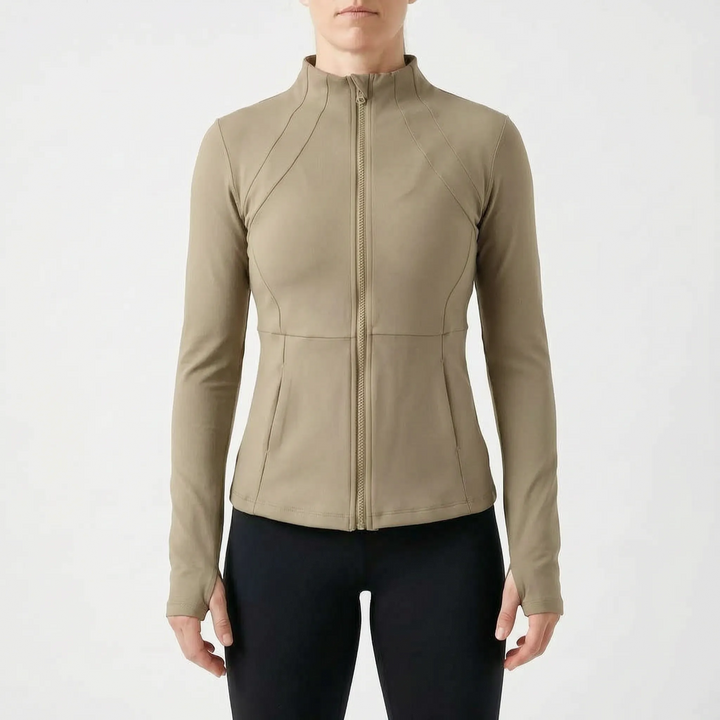 Versatile women's activewear jacket, full-zip, with thumbholes for running, gym, & outdoor fitness.