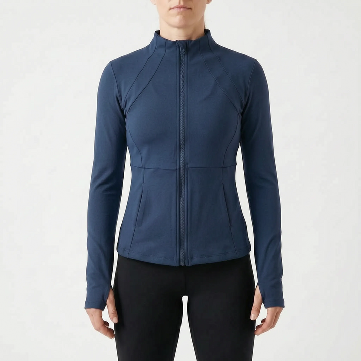 Women's full-zip active jacket, long-sleeve, featuring thumbholes for added comfort during exercise.