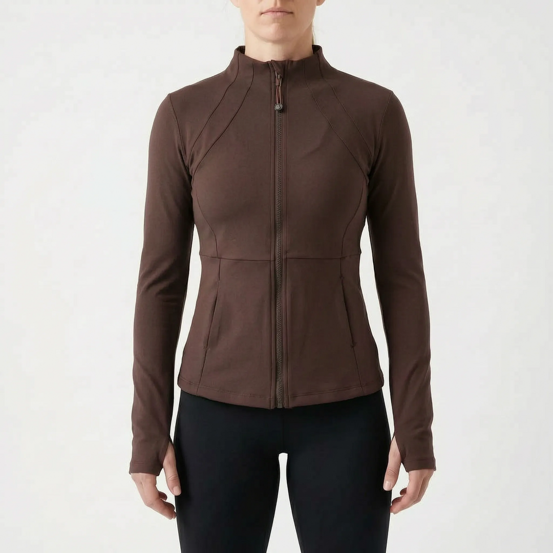 High-performance women's athletic jacket, full-zip, with thumbholes for intense workouts & training.