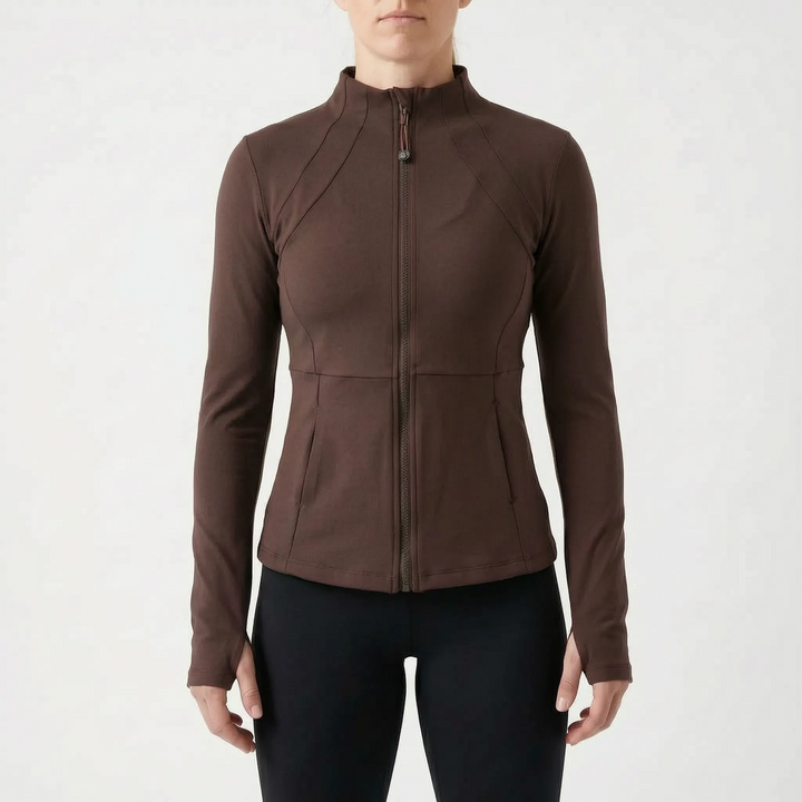 High-performance women's athletic jacket, full-zip, with thumbholes for intense workouts & training.