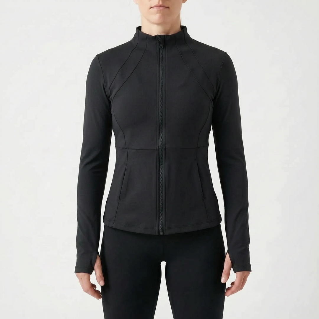 Women's activewear full-zip jacket, long-sleeve, performance running top with thumbholes for fitness.