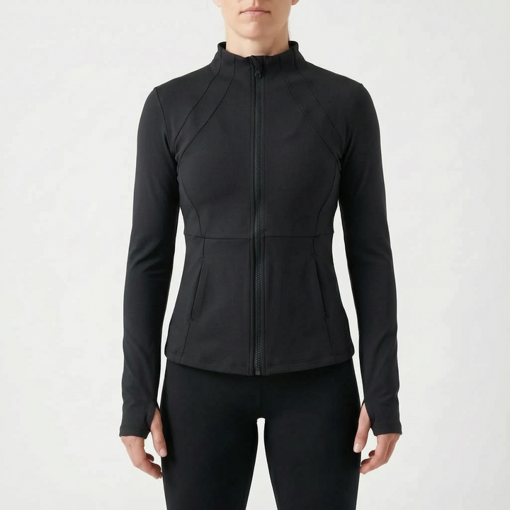 Women's activewear full-zip jacket, long-sleeve, performance running top with thumbholes for fitness.