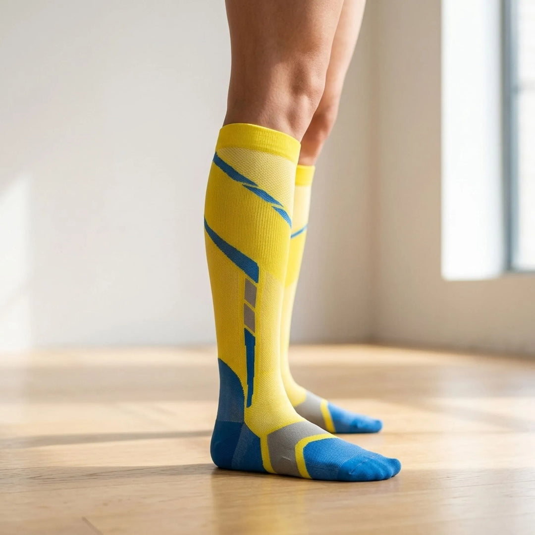 Women's performance knee-high sports socks for running and athletic activities.