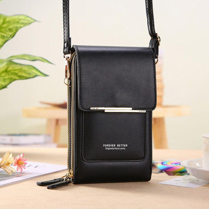 Stylish women's crossbody phone bag featuring a touchscreen compartment. Perfect mini purse for essentials.