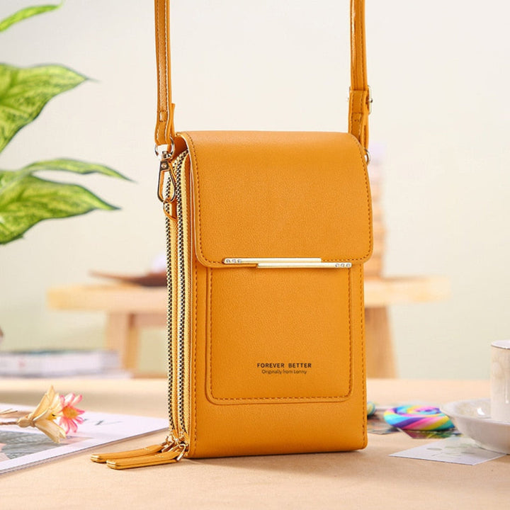 Women's versatile phone holder bag with clear touchscreen panel. Can be a shoulder bag, crossbody, or clutch.