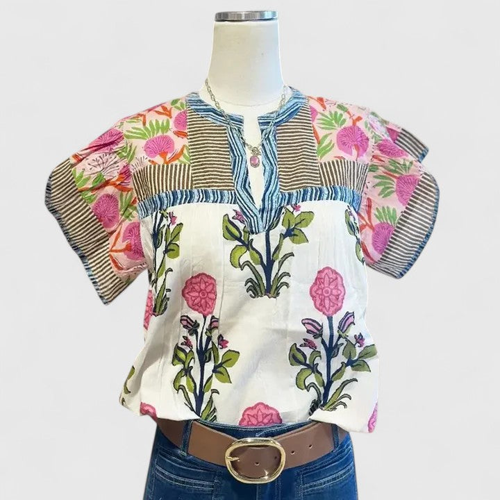 Women's pink embroidered boho blouse with long sleeves, perfect for comfortable and elegant spring/summer casual wear.