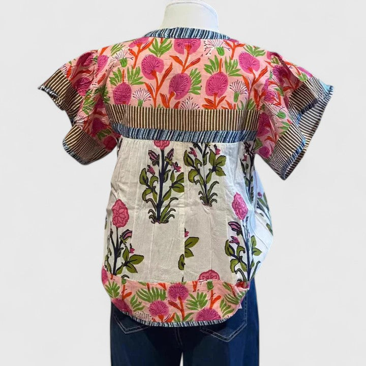 Comfortable long-sleeve women's boho blouse, pink with intricate embroidery, ideal for versatile spring & summer outfits.