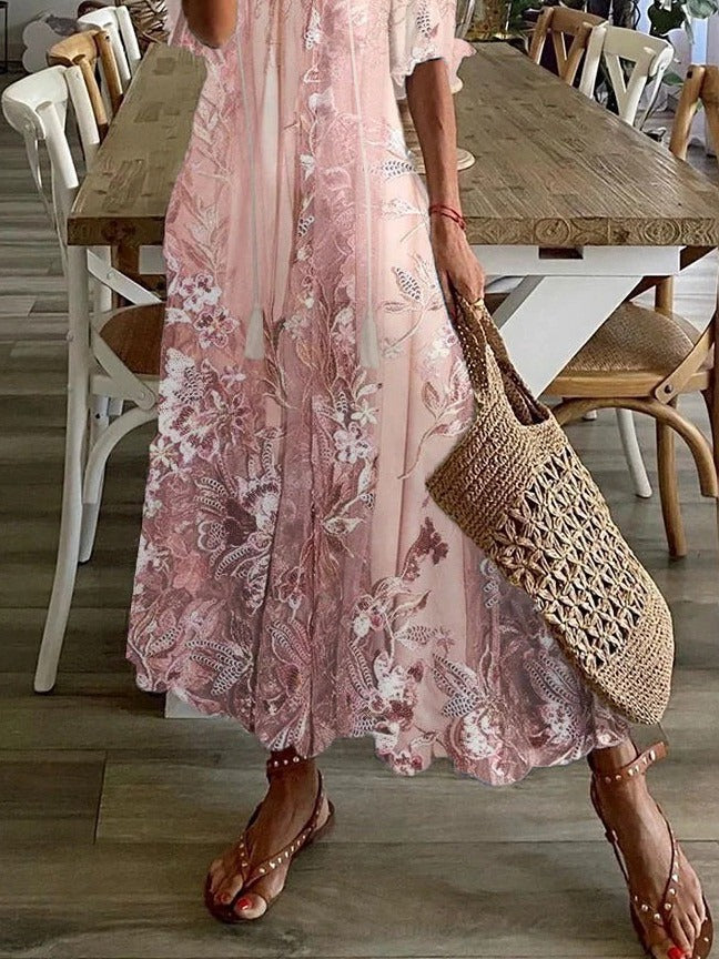 Elegant pink floral V-neck half sleeve maxi dress for women, ideal for spring casual outings & comfortable style.
