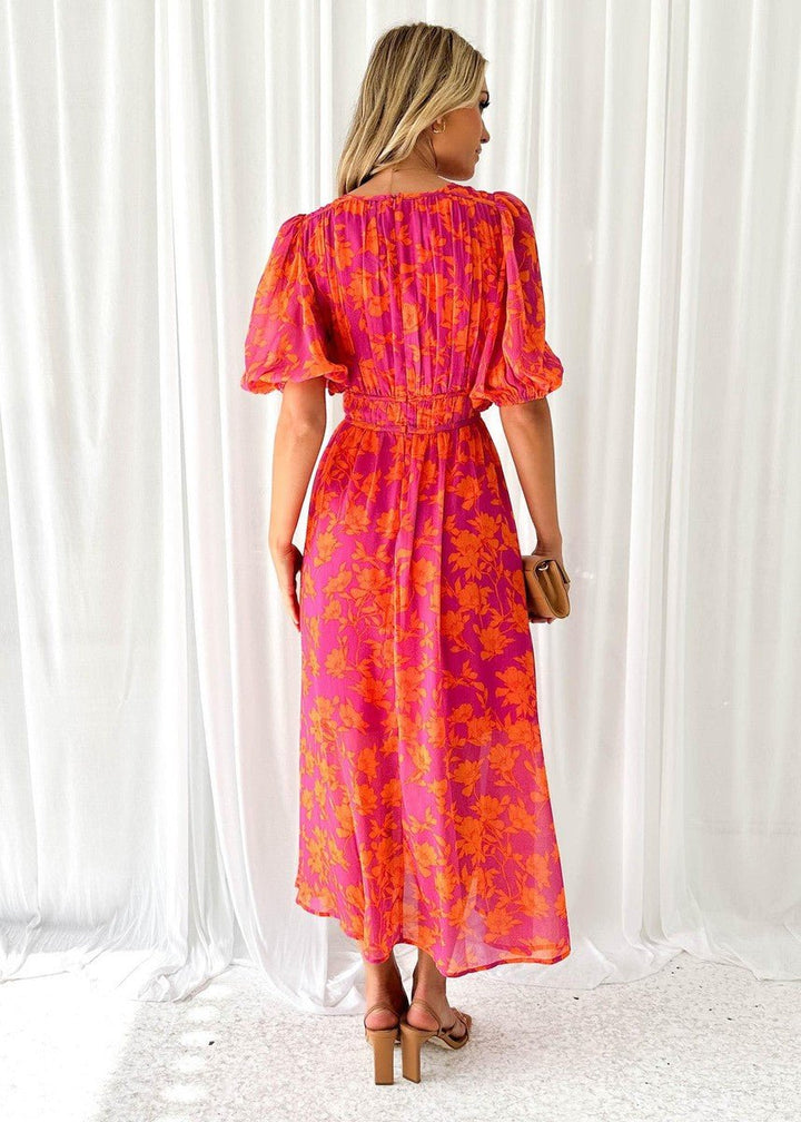 Casual women's pink orange floral print V-neck maxi dress. Flowing design, ideal for summer vacation.
