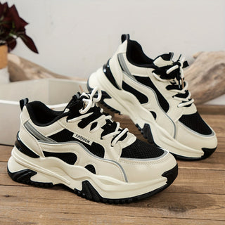 Beige women's platform sneakers, comfortable casual shoes with a thick sole for daily wear & elevated style.