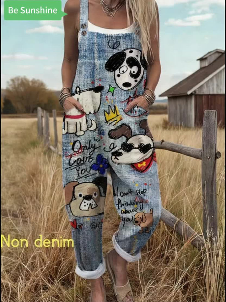Soft fabric women's playful dog print jumpsuit, adjustable straps & wide leg. Comfortable casual wear.