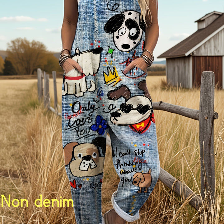 Versatile women's playful dog print jumpsuit, adjustable straps & wide leg. Great for casual outfits.
