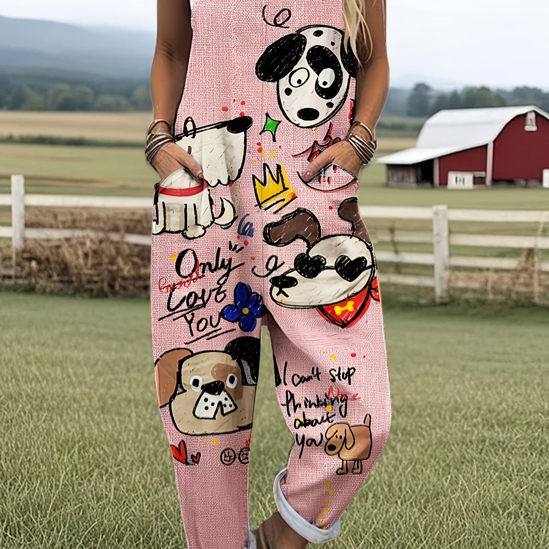 Fun & stylish women's playful dog print wide-leg jumpsuit, adjustable straps. Perfect summer outfit.