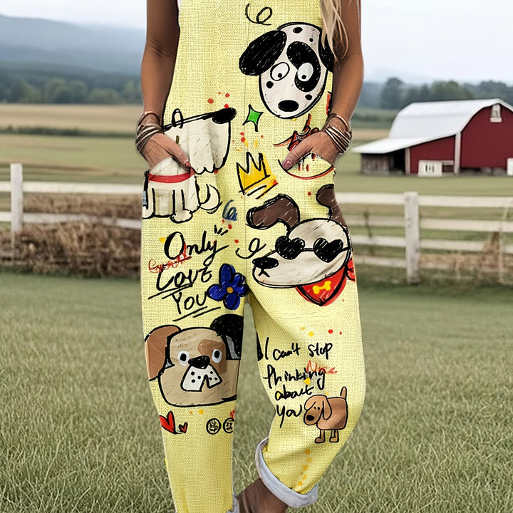 Full-length view: Women's playful dog print jumpsuit, adjustable straps, wide leg & pockets.