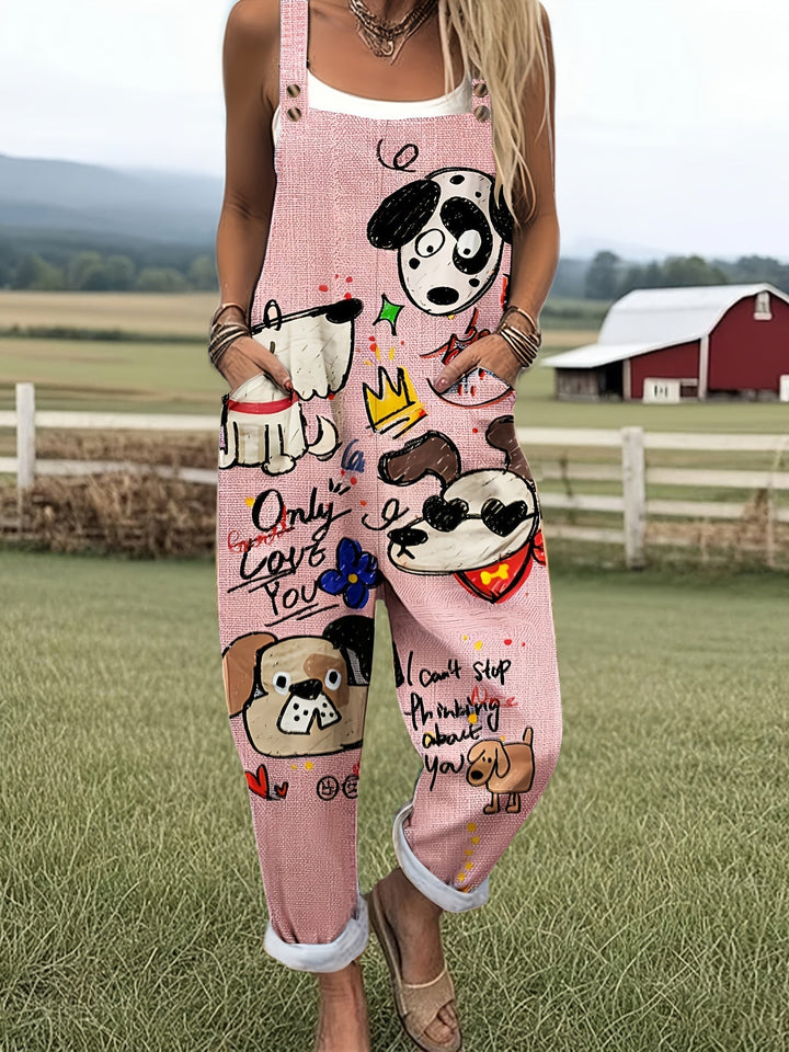 Woman in playful dog print wide-leg jumpsuit, adjustable straps. Perfect for casual summer fashion.