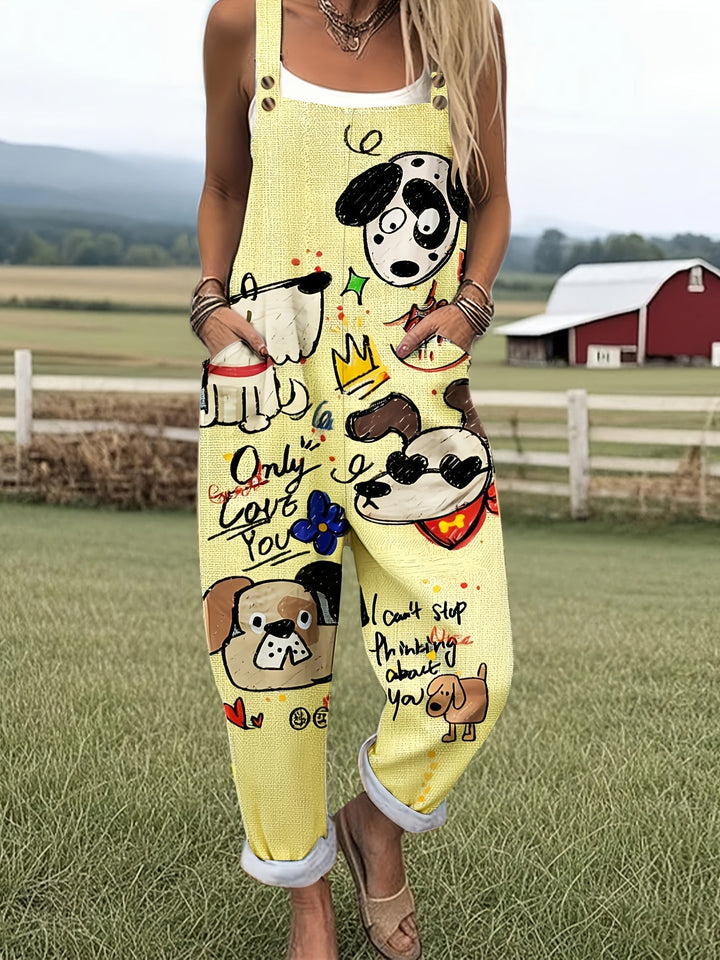 Side view: Women's playful dog print wide-leg jumpsuit, adjustable straps. Casual summer outfit.