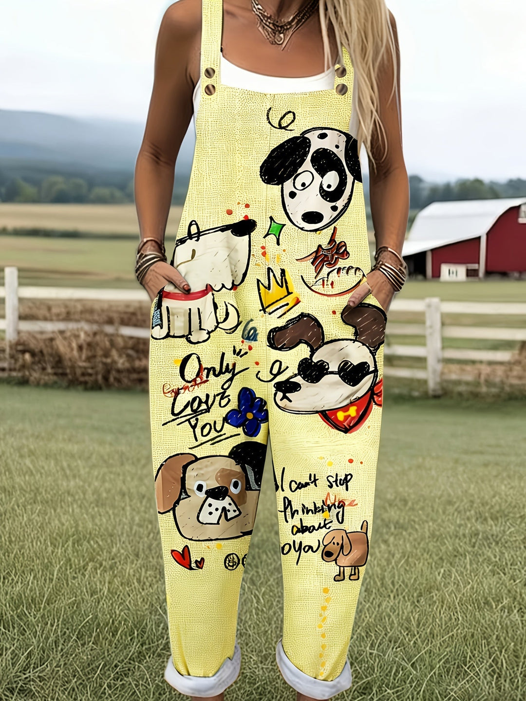 Back view: Women's playful dog print jumpsuit with adjustable straps, comfy wide-leg design.