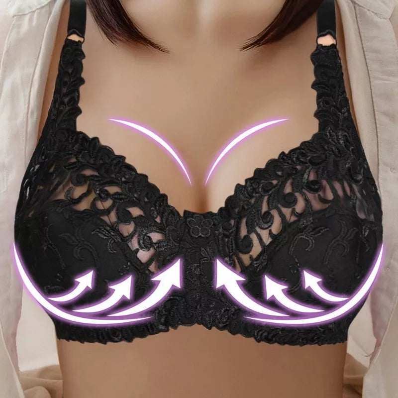 Supportive plus-size intimates: an embroidered push-up bra with adjustable back closure.