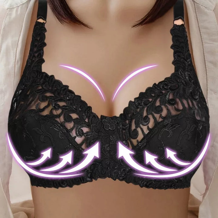 Supportive plus-size intimates: an embroidered push-up bra with adjustable back closure.