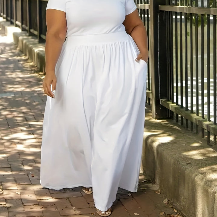 Stylish and comfortable plus size summer dress, a short sleeve flowy maxi for women.