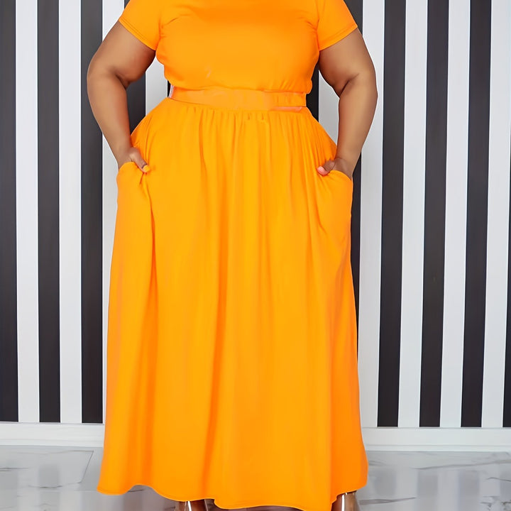 Curvy women's elegant short sleeve maxi dress, a versatile piece for casual or party.