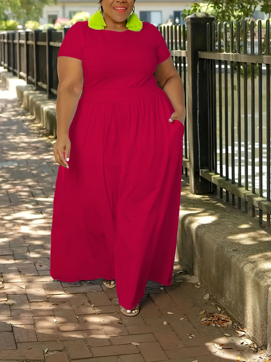 Vacation-ready plus size women's maxi dress with short sleeves, lightweight and elegant.