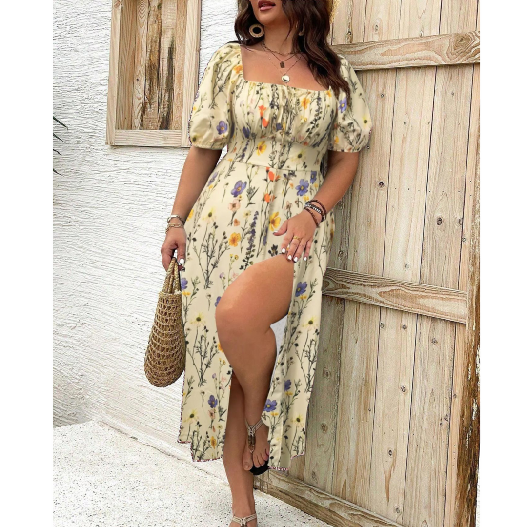Women's elegant plus size maxi dress, featuring stylish puff sleeves and a comfortable, flattering fit.