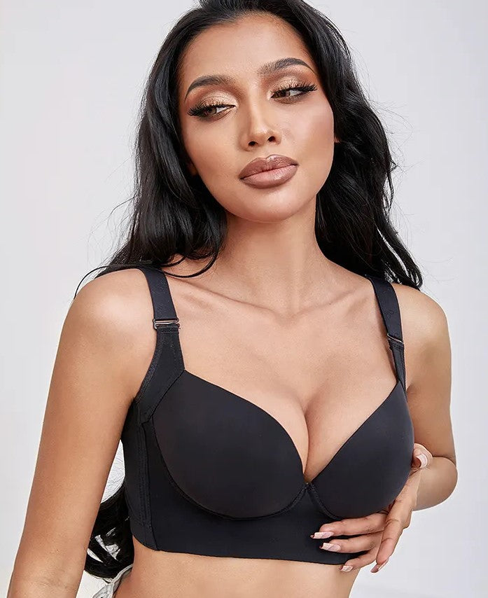 Back view of a plus size deep cup push-up bra with adjustable straps & secure back closure.