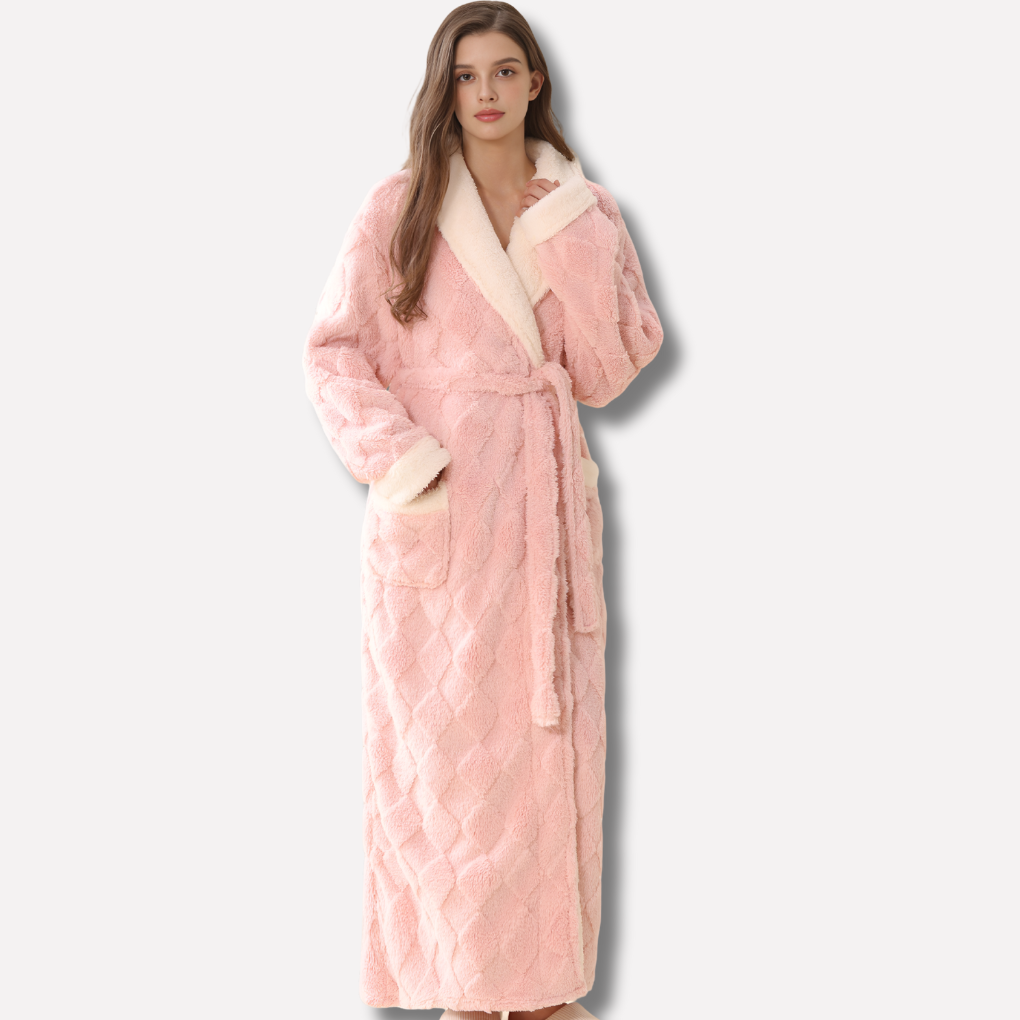 Women's plush hooded full-length robe for ultimate cozy comfort & winter relaxation. Soft loungewear for women.