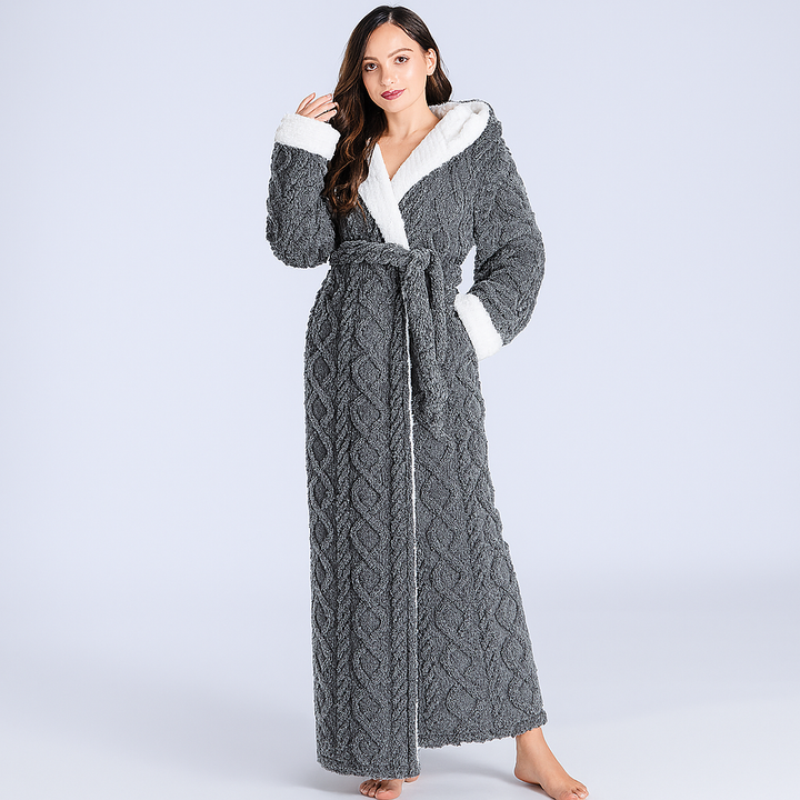 Soft plush hooded full-length robe for women. Enjoy cozy comfort & warmth. Perfect loungewear for relaxation.