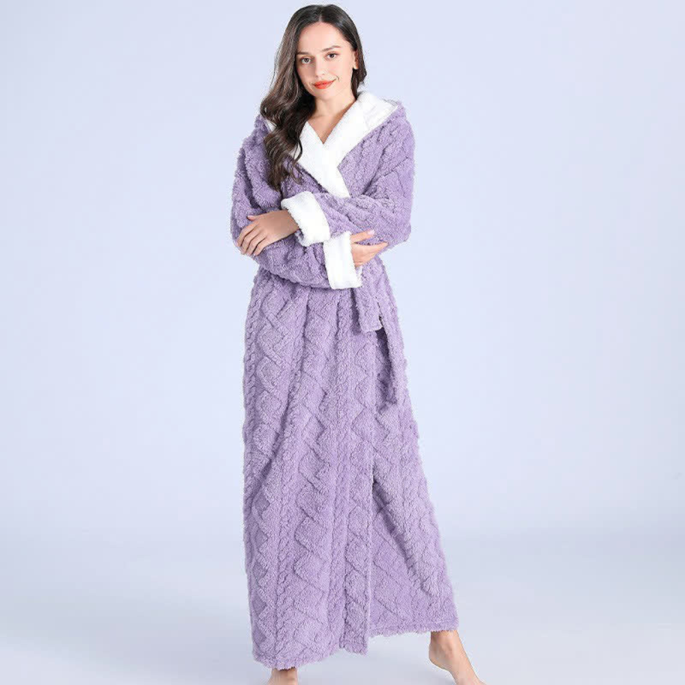 Women's cozy hooded full-length robe. Plush loungewear for winter comfort & ultimate relaxation at home.