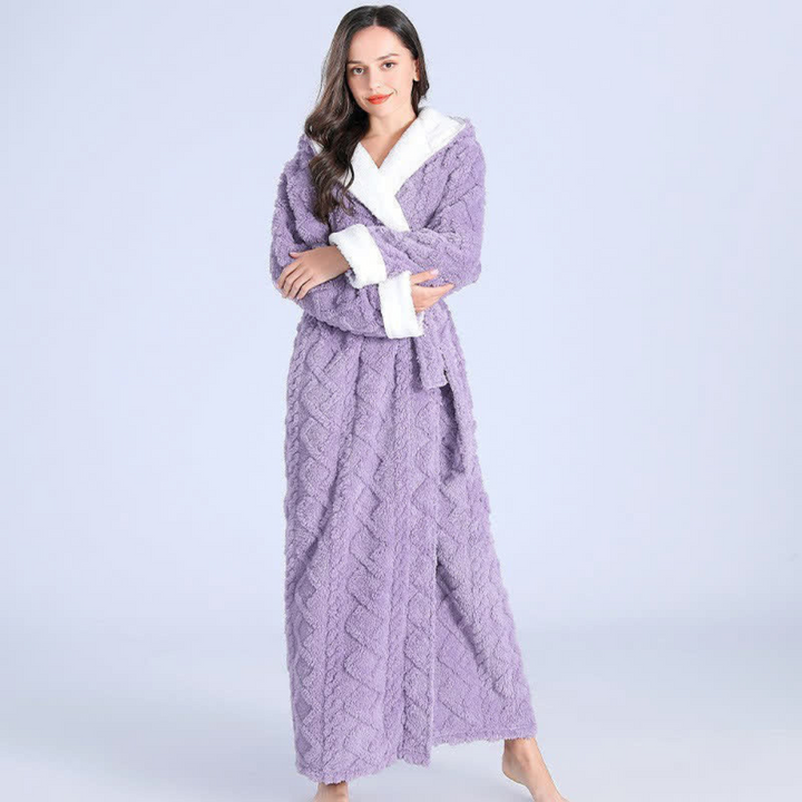 Women's cozy hooded full-length robe. Plush loungewear for winter comfort & ultimate relaxation at home.