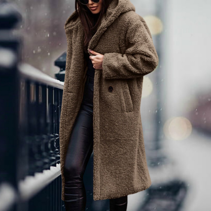 Women's plush hooded winter coat. Elegant, warm & cozy long sleeve outerwear for fall fashion.